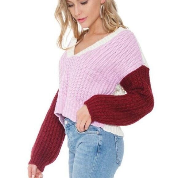 Wildfox NWT Womens chunky Knit Colorblock Sweater Pink & Burgundy size M fall - Picture 8 of 11